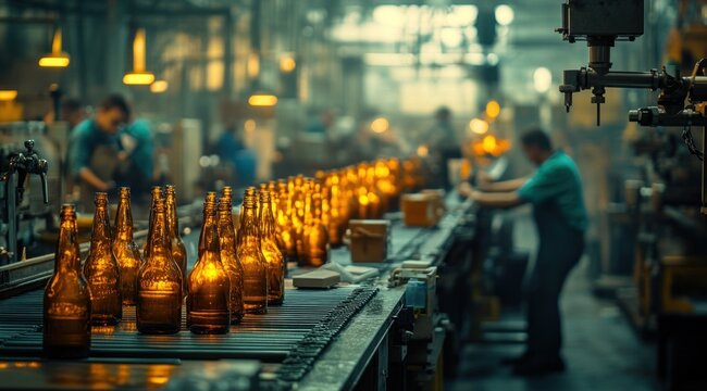Green glass beer bottles move along the production line, ready for packaging as workers attend to the busy brewery tasks around them