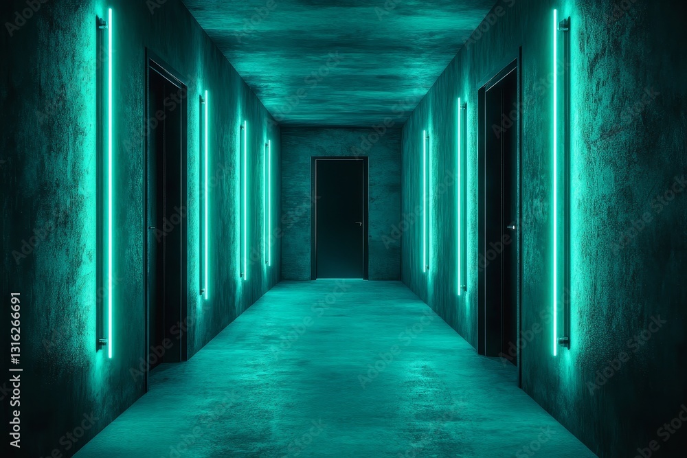Poster in a futuristic setting, a corridor lined with green neon lights and cubes serves as the backdrop fo