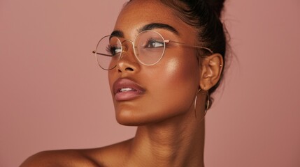 The image shows a woman wearing glasses.