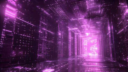 Illuminated Futuristic Tunnel of Shimmering Lines and Rectangles Glowing in Vibrant Violet