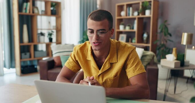 Happy man, wave and home office with laptop for video call, communication or online chat. Male person, web designer or creative freelancer with smile on computer for remote work or virtual meeting