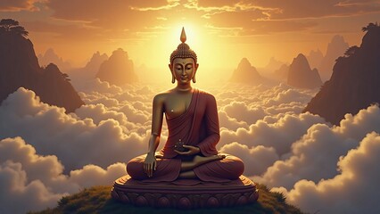 Fototapeta premium Serene Buddha Statue at Sunrise Above the Clouds