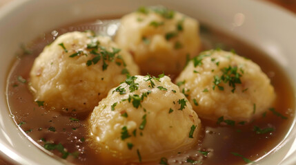 Close-up of Kn&ouml;del with golden-brown potato dumpling, savory gravy, or broth