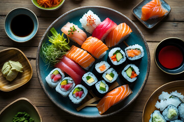An arranged sushi platter on a rustic wooden table. The set includes fresh nigiri, sashimi, and colorful maki rolls.