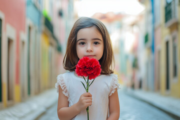 Kid holding red carnation flower. 25 de Abril, dia da Liberdade. Translation: 25th of April, Freedom day of Portugal. Revolution of the Carnations or Carnation Revolution.