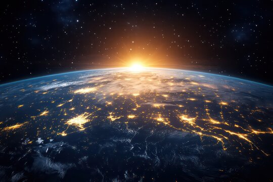 A digital landscape view where satellites beam 6G signals across a glowing Earth from space.