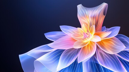 A vibrant dress design resembling a blooming flower, showcasing delicate petals in shades of blue, pink, and orange against a dark background.
