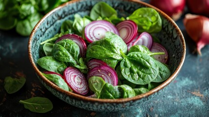 A bird is eye view captures a vibrant bowl filled with baby spinach, vibrant red rocket leaves, and a glistening red onion, ready to become a culinary masterpiece.