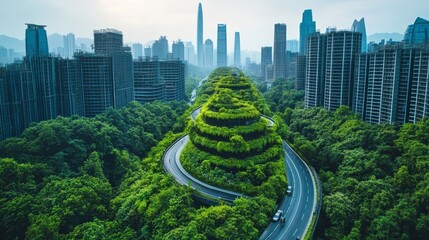 Fototapeta premium A drone view of a smart city showing renewable energy solutions integrated into urban planning