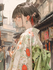 伝統的な街並みを歩く着物姿の少女