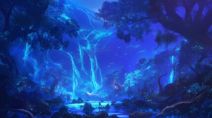 Enchanting Blue Moonlight Waterfall in a Mystical Forest