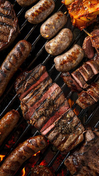Close-up of Argentinian Parrillada with charred steaks, sausages, and morcilla.