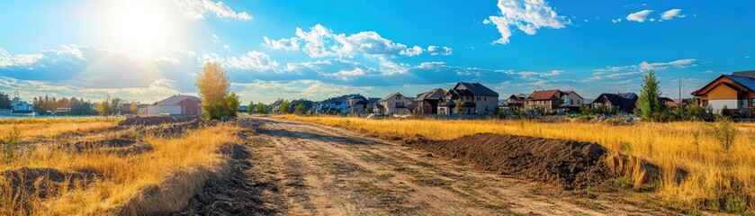 Obraz premium Vibrant Landscape with Houses Under Blue Sky and Golden Field