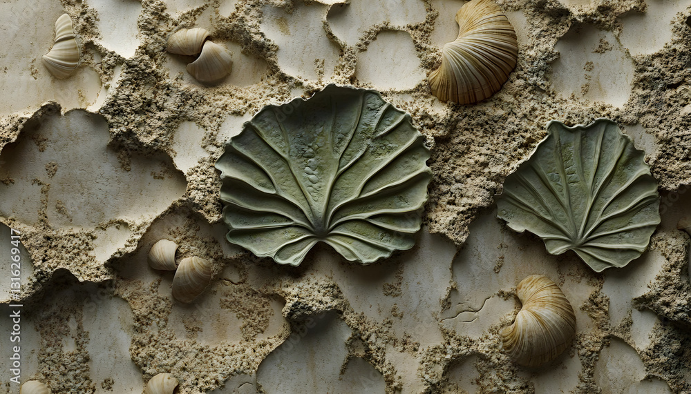 Aufkleber an abstract pattern resembling fossilized imprints of leaves and shells, rendered in muted earthy to