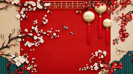Vibrant Plum Blossom and Lantern Digital Illustration for Lunar New Year Celebration AI Generated
