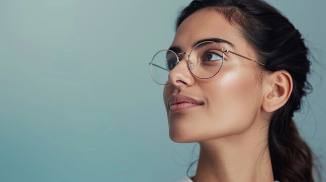 "The image features a young adult wearing glasses, positioned slightly off-center with their head turned to the side, presenting a smiling expression."