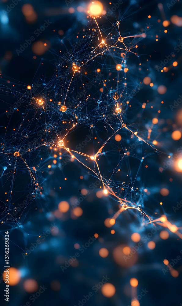 Poster Intricate network of luminous nodes interconnected by delicate lines, creating a dynamic pattern