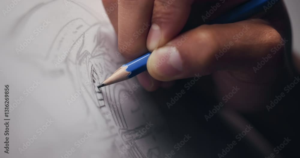 Poster Hands, sketch and design for car in workshop, closeup and editing process for deadline at night. Person, paper and canvas with drawing for electric vehicle, transport and wheel in studio at company