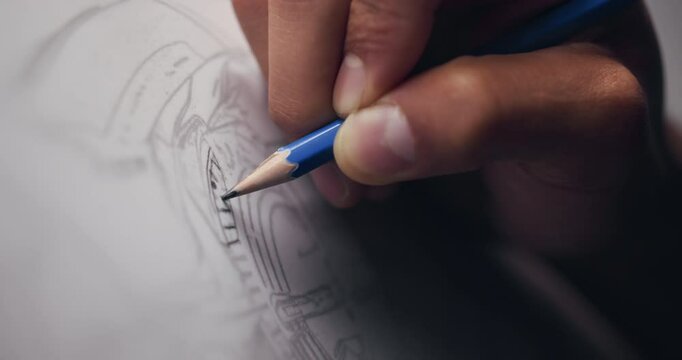 Hands, sketch and design for car in workshop, closeup and editing process for deadline at night. Person, paper and canvas with drawing for electric vehicle, transport and wheel in studio at company