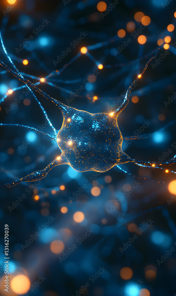 Poster abstract depiction of neuronal network with intricate digital connection and bright lights