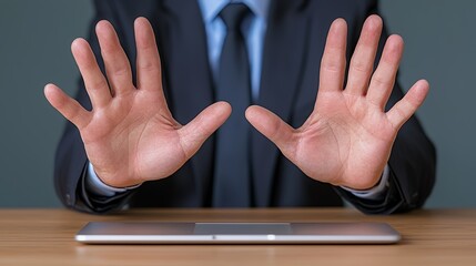 Businessman Presenting Open Palms Gesturing Calmness with Laptop on Wooden Desk in Office