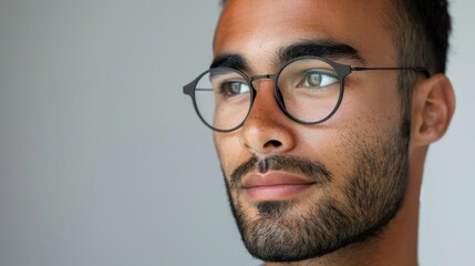 Fototapeta premium Man with beard and mustache, wearing glasses, in a close-up shot.