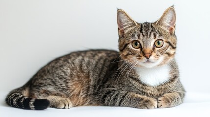 Obraz premium Confident American Bobtail Cat Sitting on White Background, Short Tail, Muscular Build