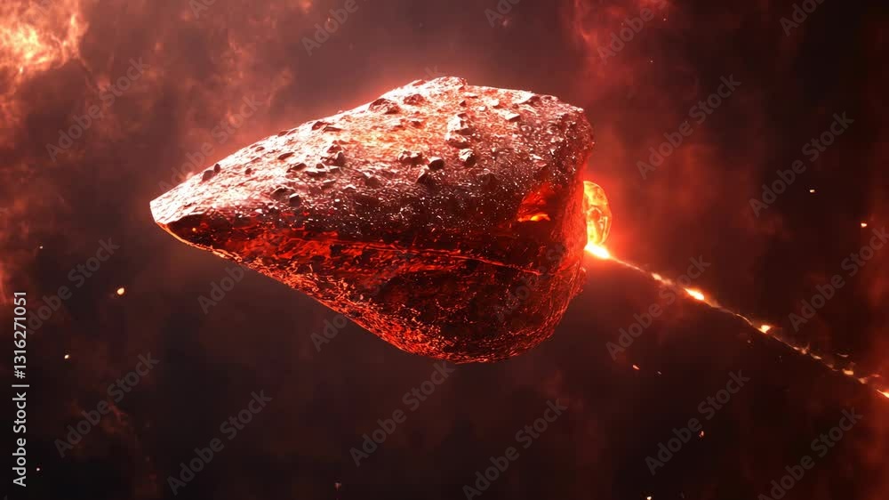 Poster mysterious asteroid surrounded by glowing lava-like material in the depths of space