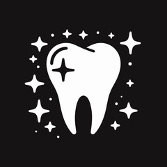 Obraz premium Tooth surrounded by sparkling stars on a black background indicating dental health