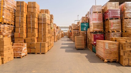 Spacious Warehouse Aisle Filled With Neatly Stacked Cardboard Boxes Under Clear Blue Sky in an Industrial Setting