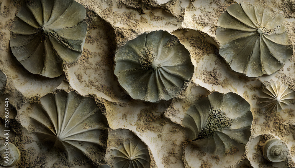 Aufkleber an abstract pattern resembling fossilized imprints of leaves and shells, rendered in muted earthy to
