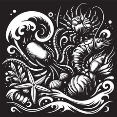sea food icon vector silhouette. Abstract shapes of shell, mollusk, mussels, octopus, squid, crab, starfish.