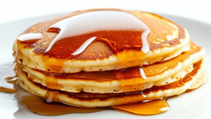 For breakfast, a solitary, golden brown pancake that is round in shape and fluffy in texture