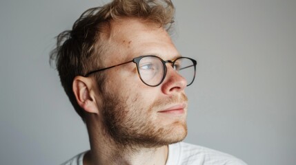 Fototapeta premium This is an image of a young male wearing glasses and a dark top, looking directly at the camera with a neutral expression.