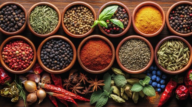 A vibrant tapestry of fragrant herbs and spices, their vibrant hues and tantalizing aromas promising a culinary adventure.