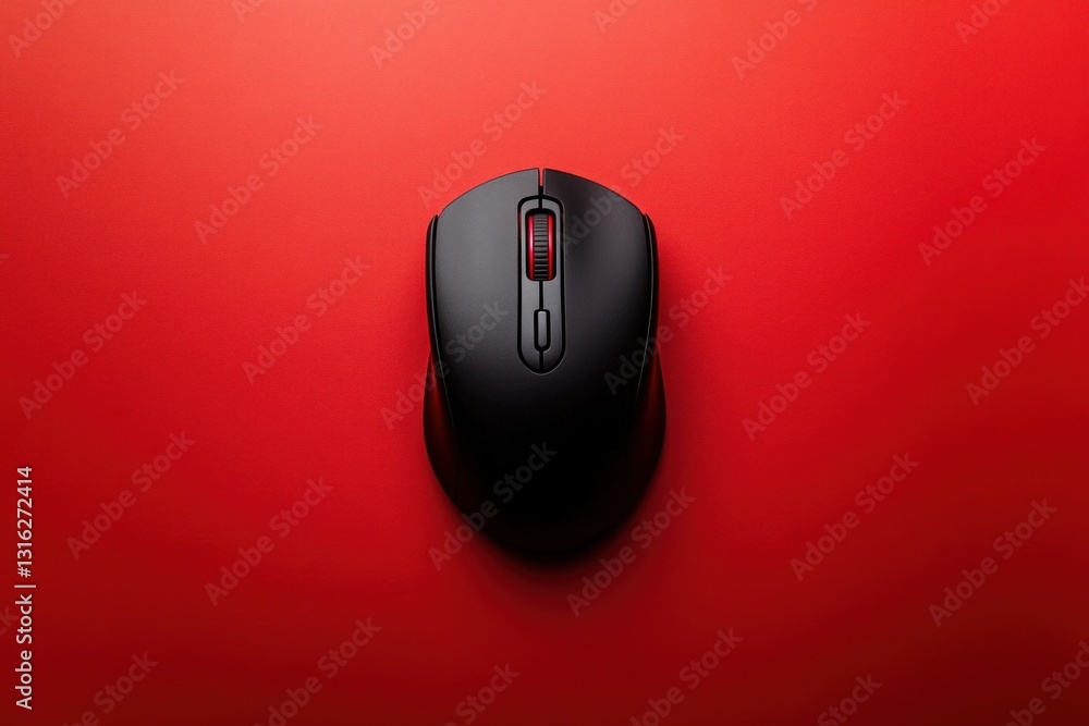 Poster top view of a black computer mouse placed on a striking red surface, highlighting its modern design 