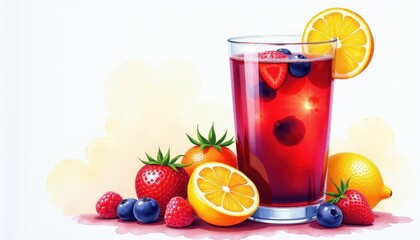 Vibrant Watercolor Illustration: Refreshing Beverage with Fresh Fruits and Soft Background. A watercolor painting of a glass of fruit juice surrounded by fruits.