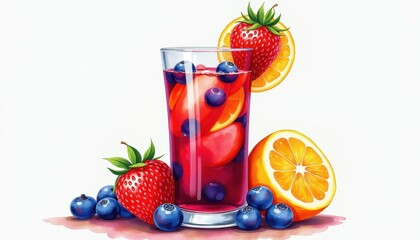Vibrant Watercolor Illustration: Glass Filled with Blueberries and Fruit Cocktail. A watercolor painting of a glass filled with fruit.