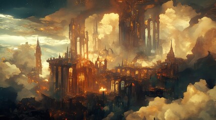 Fototapeta premium Golden City in the Clouds A Fantasy Metropolis Above the Clouds