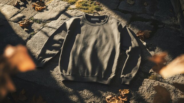 Grey Knitted Sweater on Stone Ground with Autumn Leaves