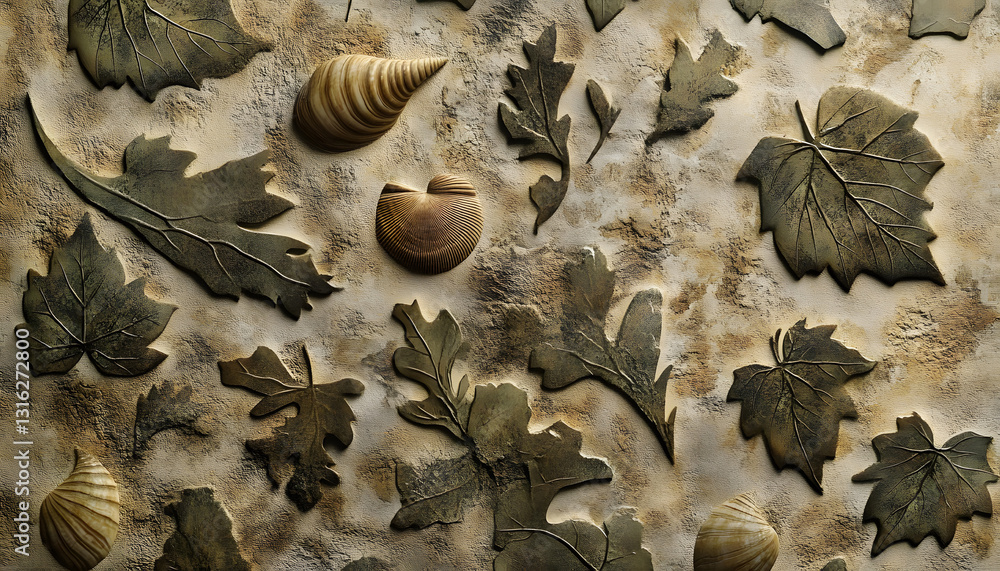 Aufkleber an abstract pattern resembling fossilized imprints of leaves and shells, rendered in muted earthy to