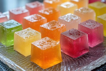 Vibrant translucent jelly cubes in red, green, and orange are artfully arranged on a decorative plate, highlighting their glossy sheen