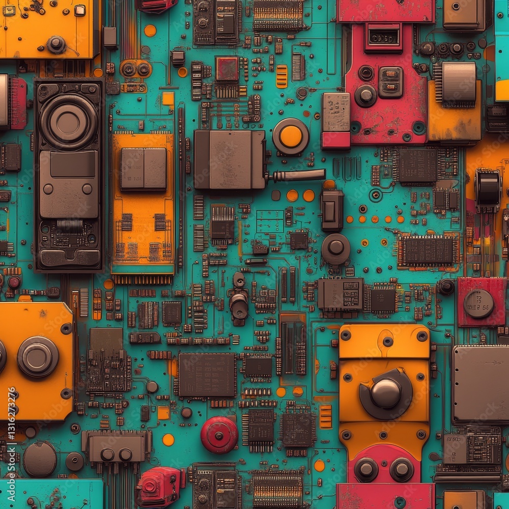 Poster a seamless pattern on a panel showcases computer motherboards, embodying futuristic technology of st