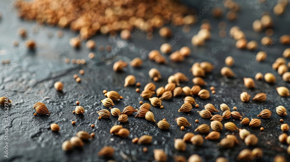 Poster coriander seeds scattered on a table with ample empty space for text or image placement