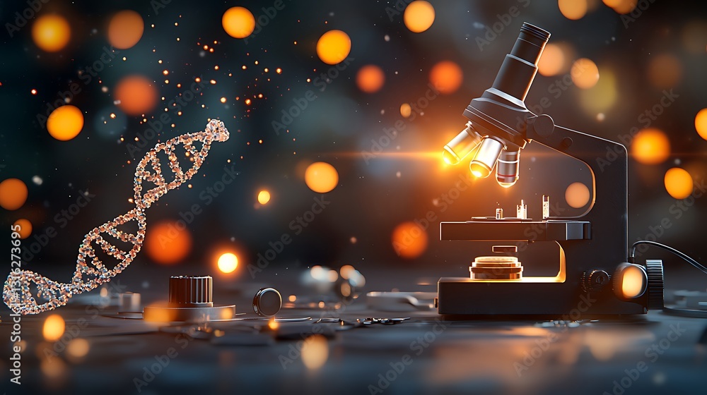 Poster close-up of a microscope analyzing dna in a modern laboratory research environment