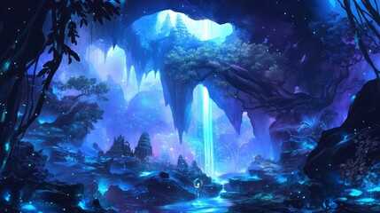 Obraz premium Enchanting Blue Grotto Fantasy Waterfall and Glowing Flora
