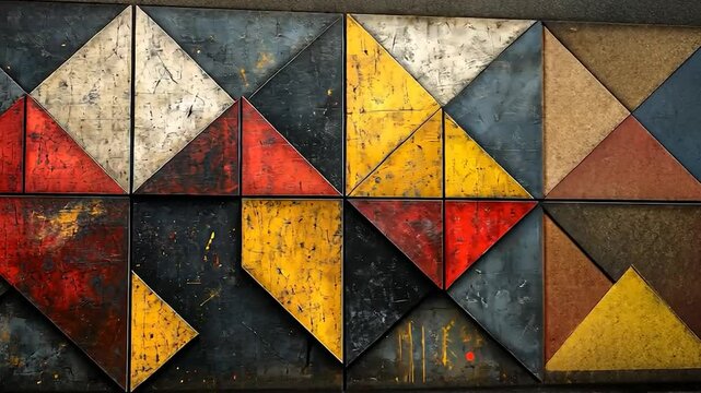 Abstract Geometric Wall Art: Red, Yellow, and Gray Triangles