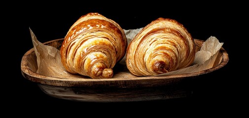 Artisanal croissants with a rich golden texture, resting on parchment paper, dark background, sophisticated and moody food photography