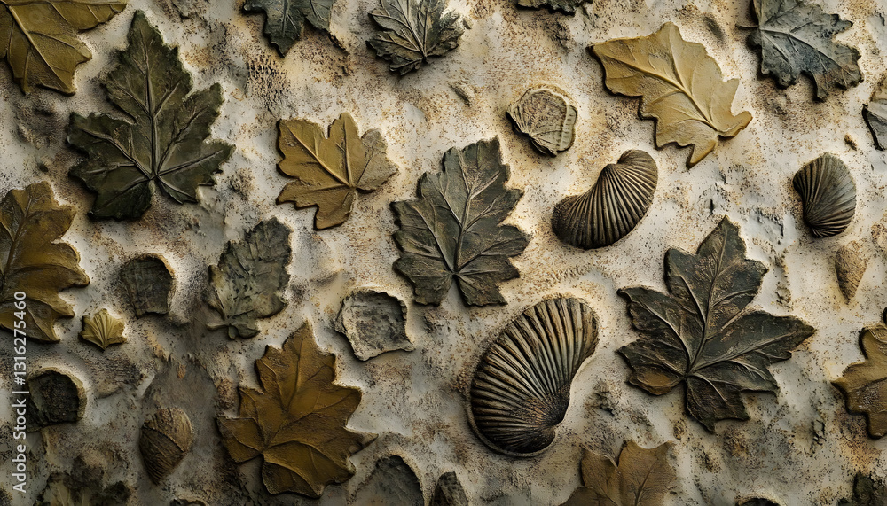 Aufkleber an abstract pattern resembling fossilized imprints of leaves and shells, rendered in muted earthy to