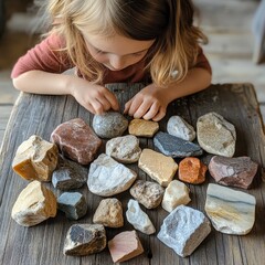 Child exploring various colorful rocks.